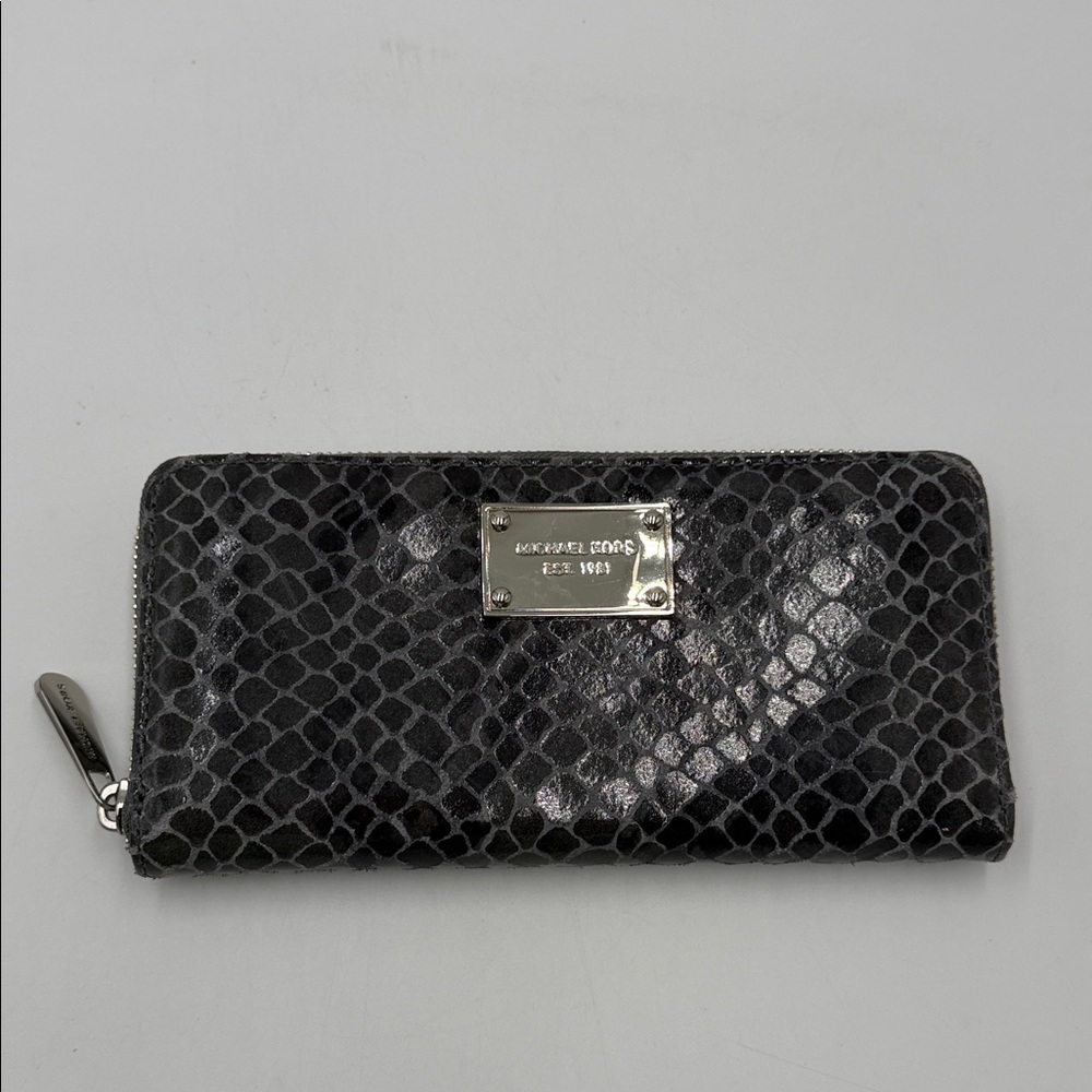 Michael Kors Black Snake-Print Zip-Around Wallet with Silver Plaque